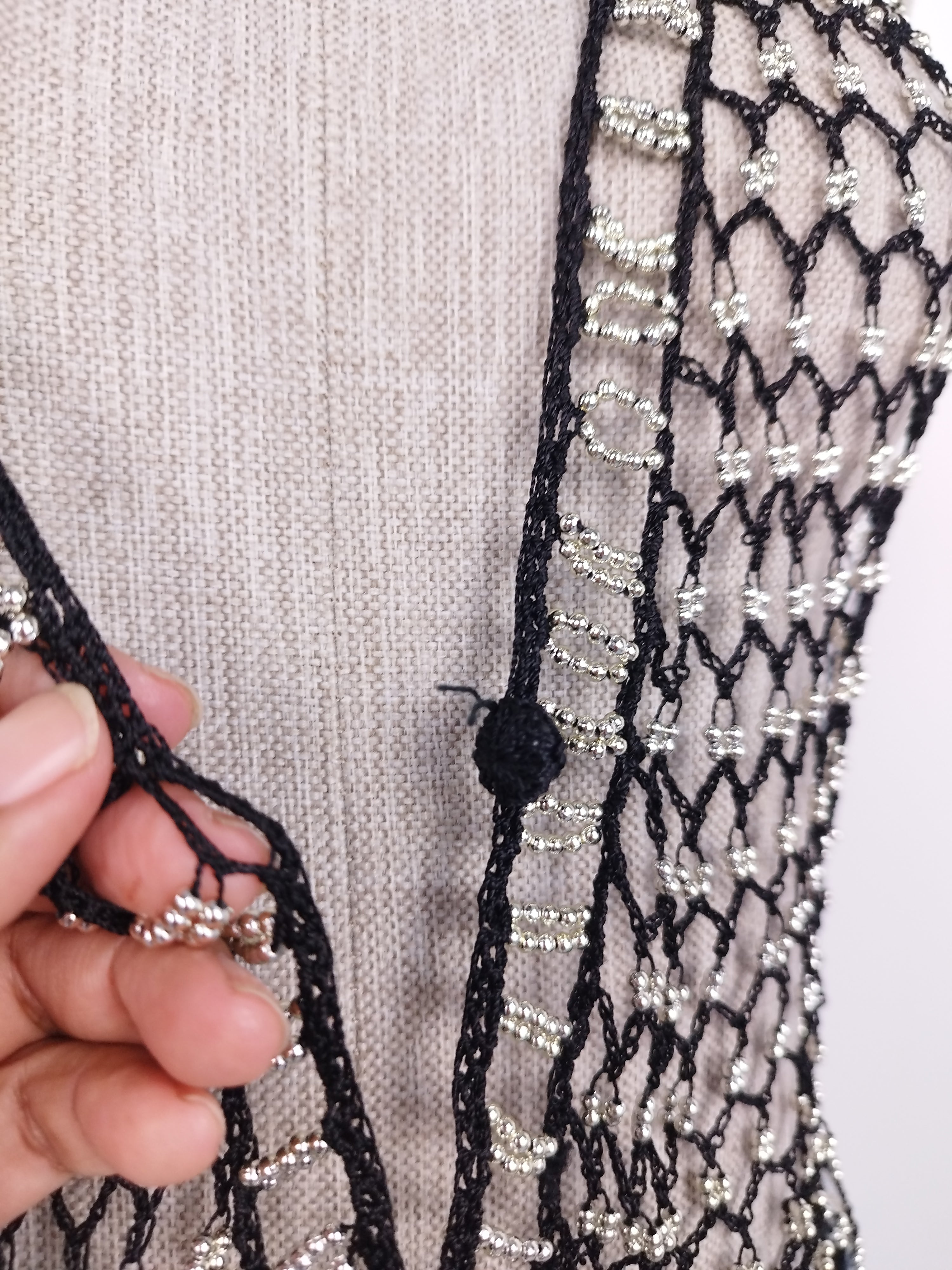 Vintage 90s Crochet Vest — V-Neck, Pearl Embellishments & Black Net Fabric