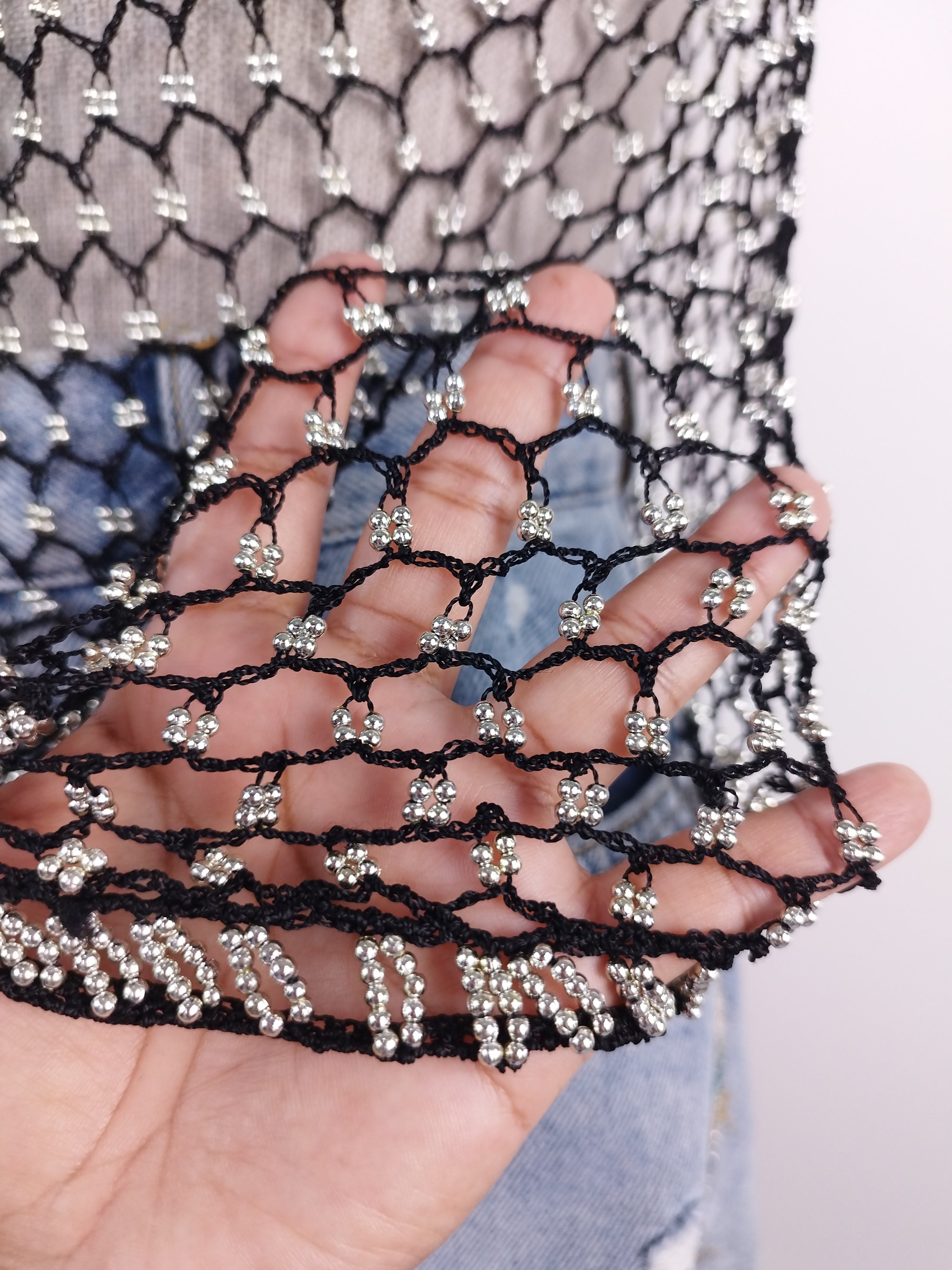 Vintage 90s Crochet Vest — V-Neck, Pearl Embellishments & Black Net Fabric