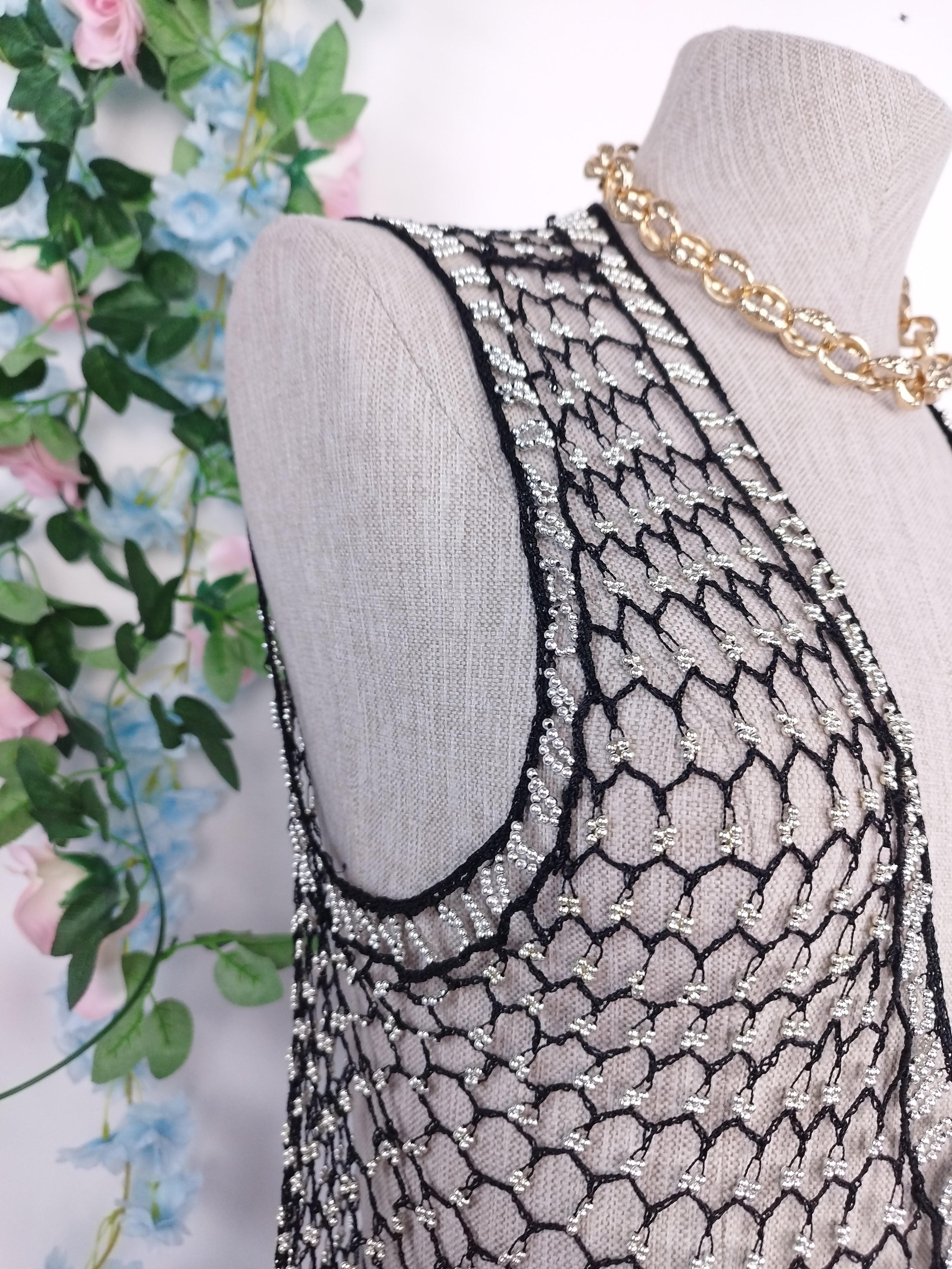 Vintage 90s Crochet Vest — V-Neck, Pearl Embellishments & Black Net Fabric