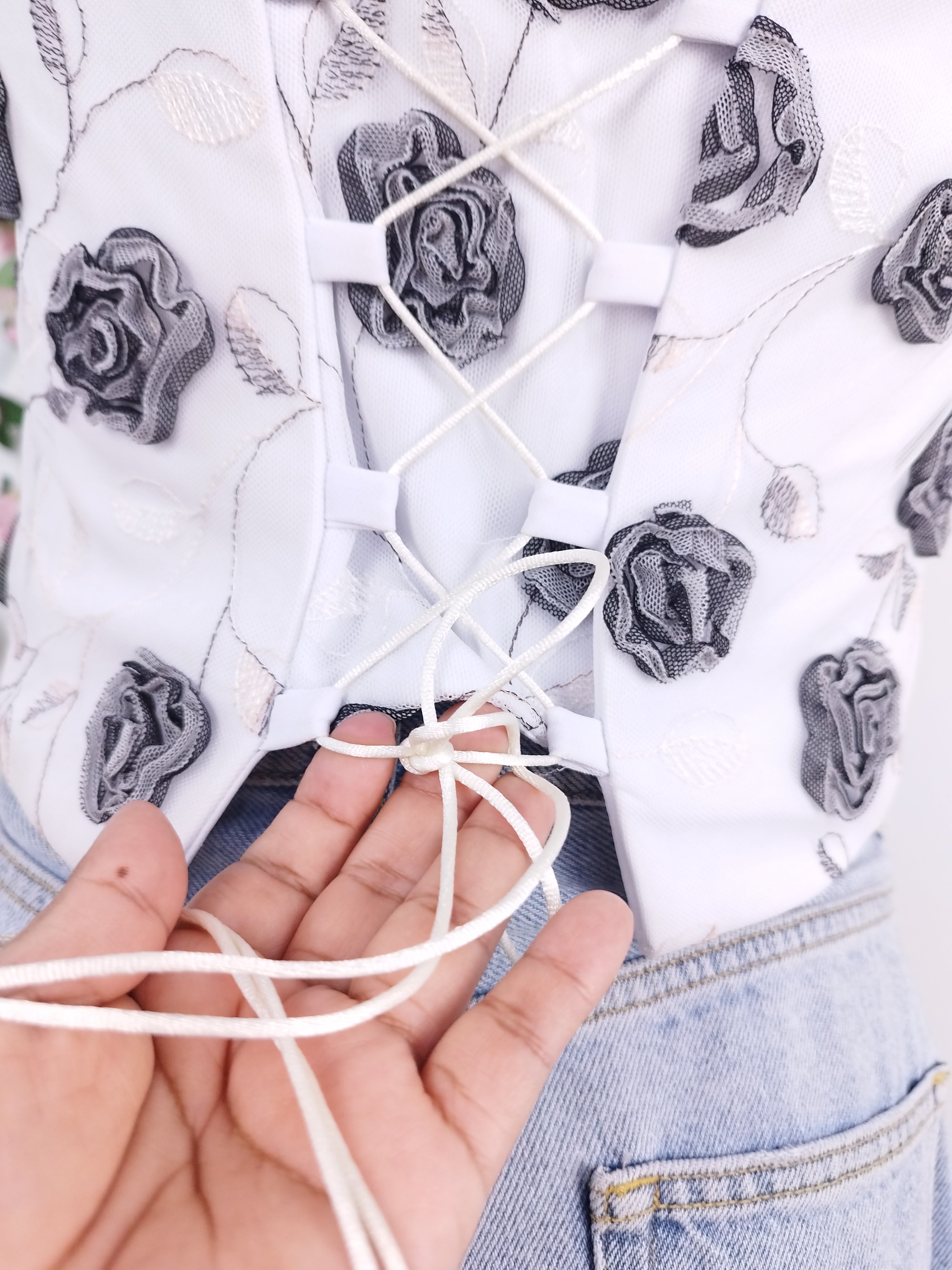 Vintage 2000s Corset Top — 3D Rose Appliqués, Lace-Up Back & Tulle-Satin Combo