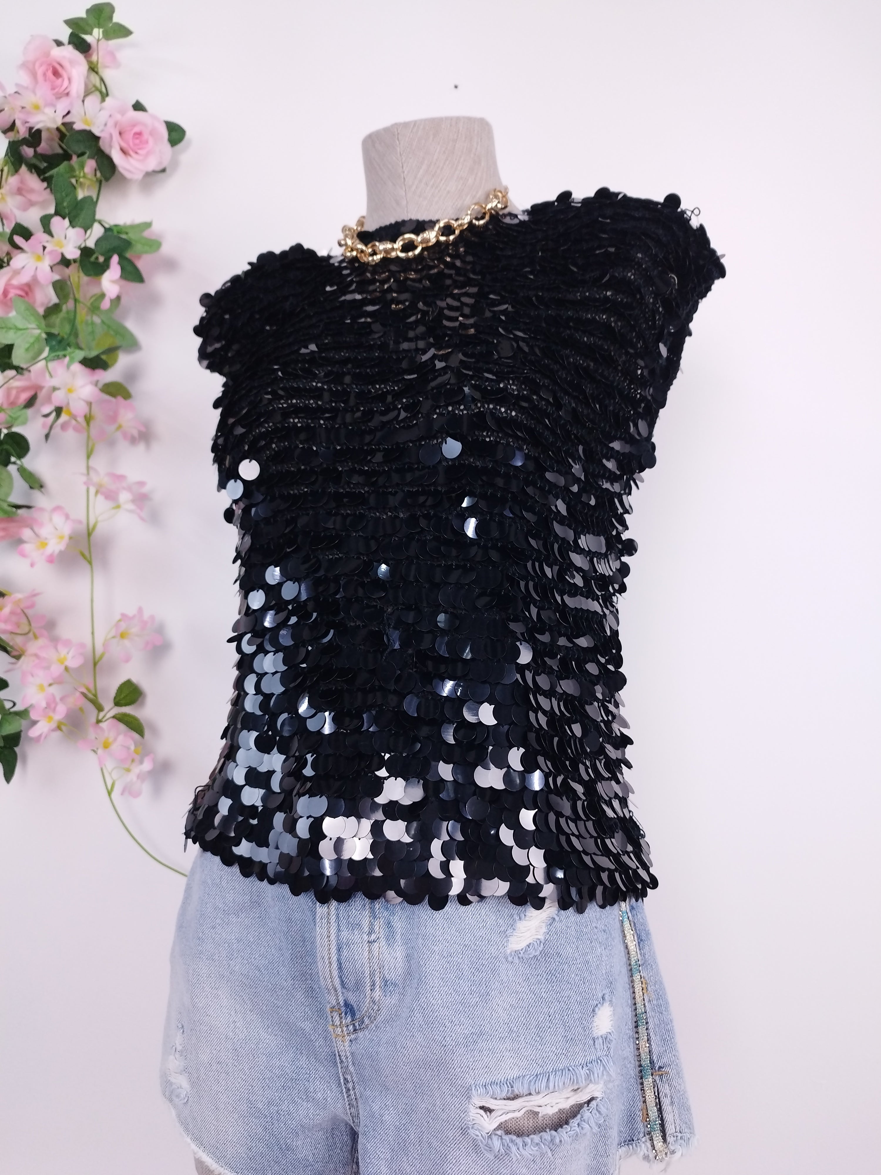 Vintage 2000s Sequin Top — Round Neck, Built-In Shoulders & Short Sleeves