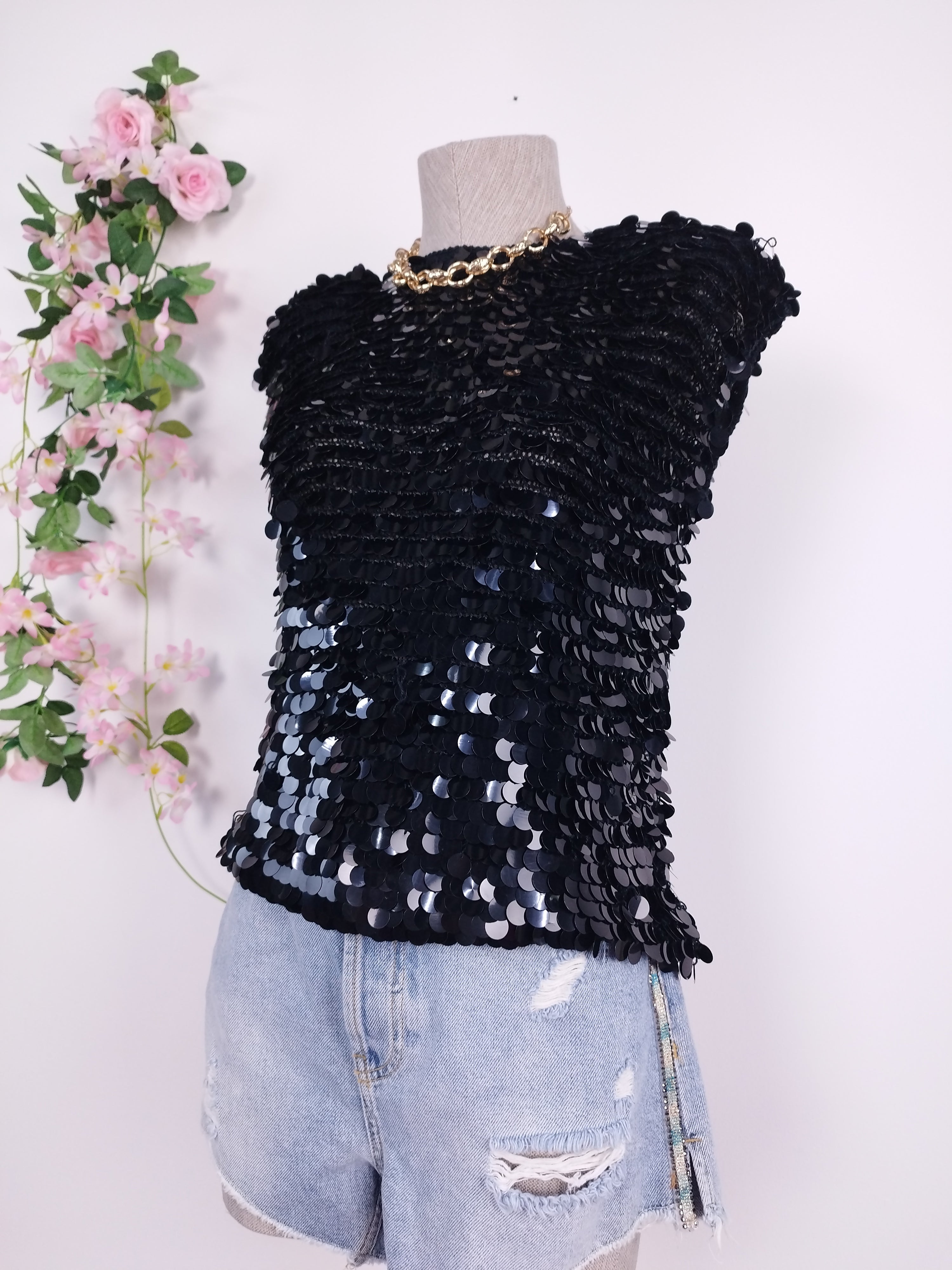 Vintage 2000s Sequin Top — Round Neck, Built-In Shoulders & Short Sleeves