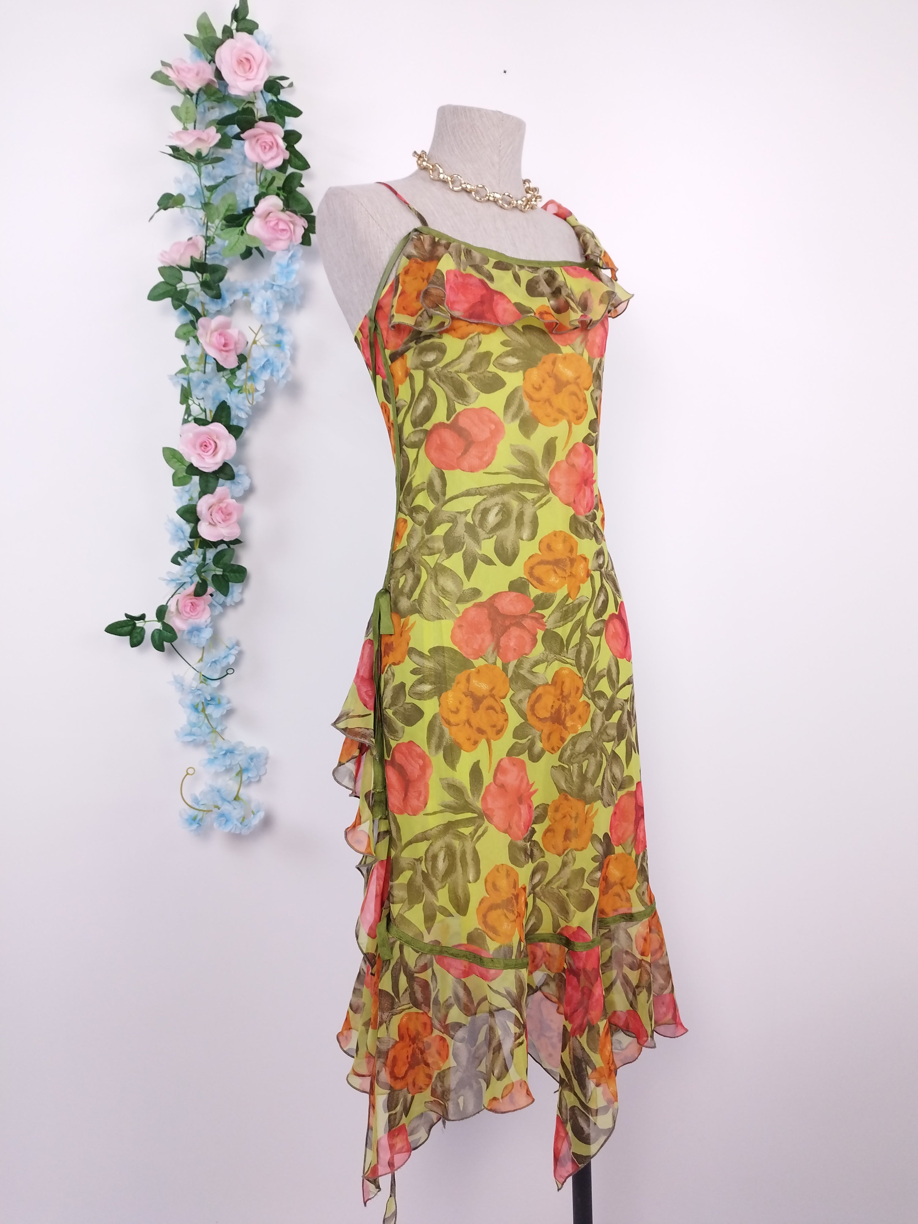 Vintage 2000s Y2K Midi Dress — Asymmetric Neck, Floral Print & Ruffled Hem