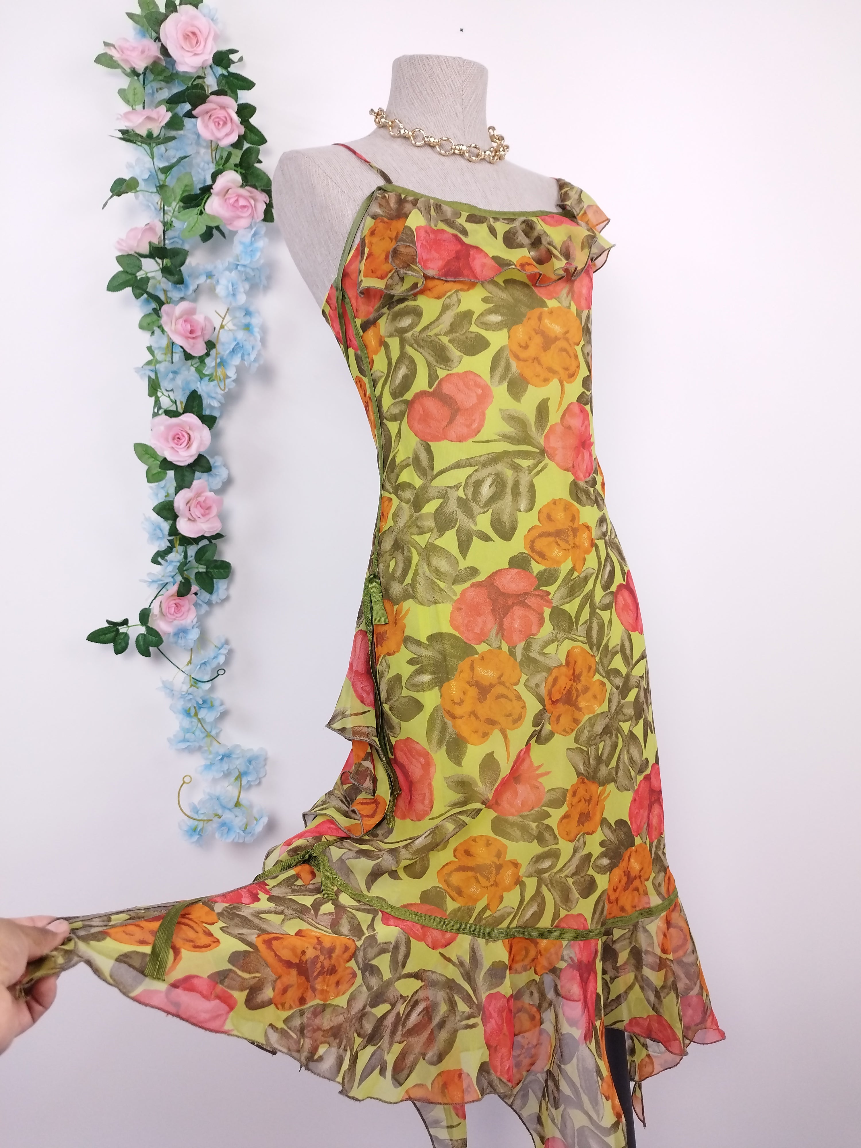Vintage 2000s Y2K Midi Dress — Asymmetric Neck, Floral Print & Ruffled Hem