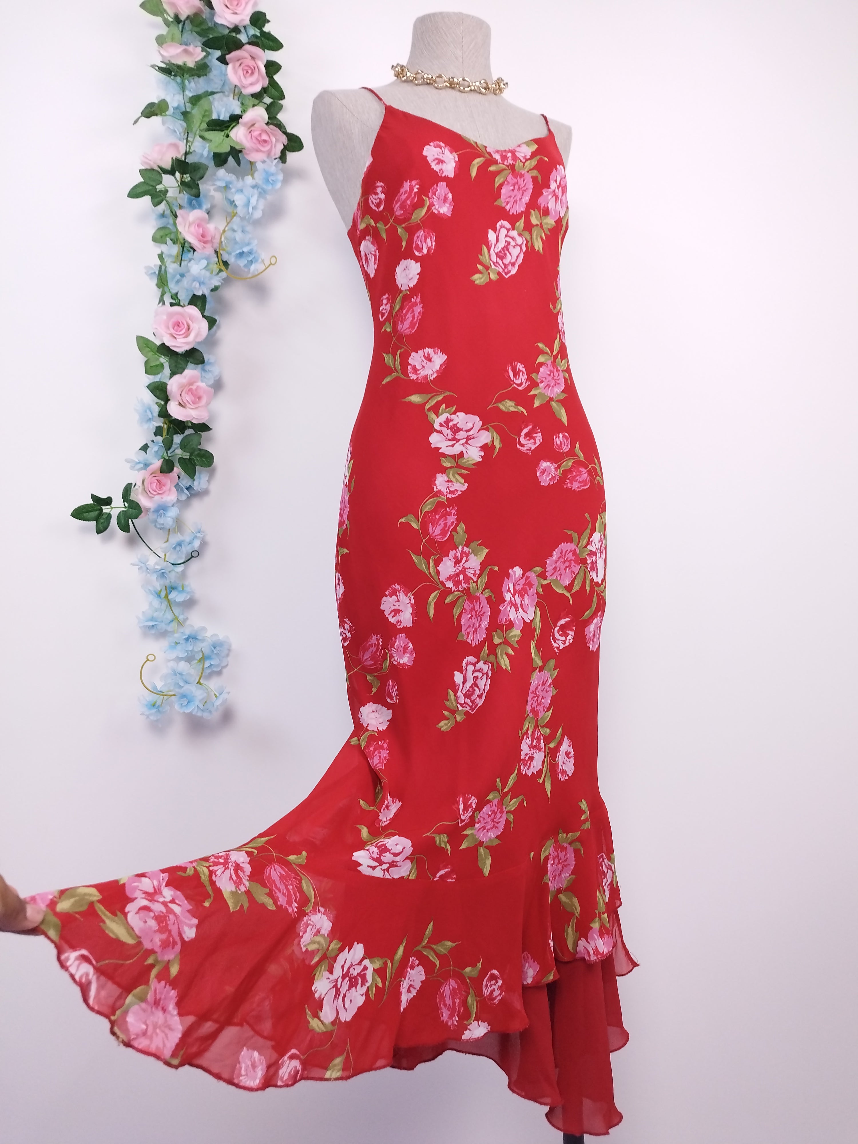 Vintage 90s Midi Dress — Slip Style, Red Chiffon &amp; Pink Floral Print