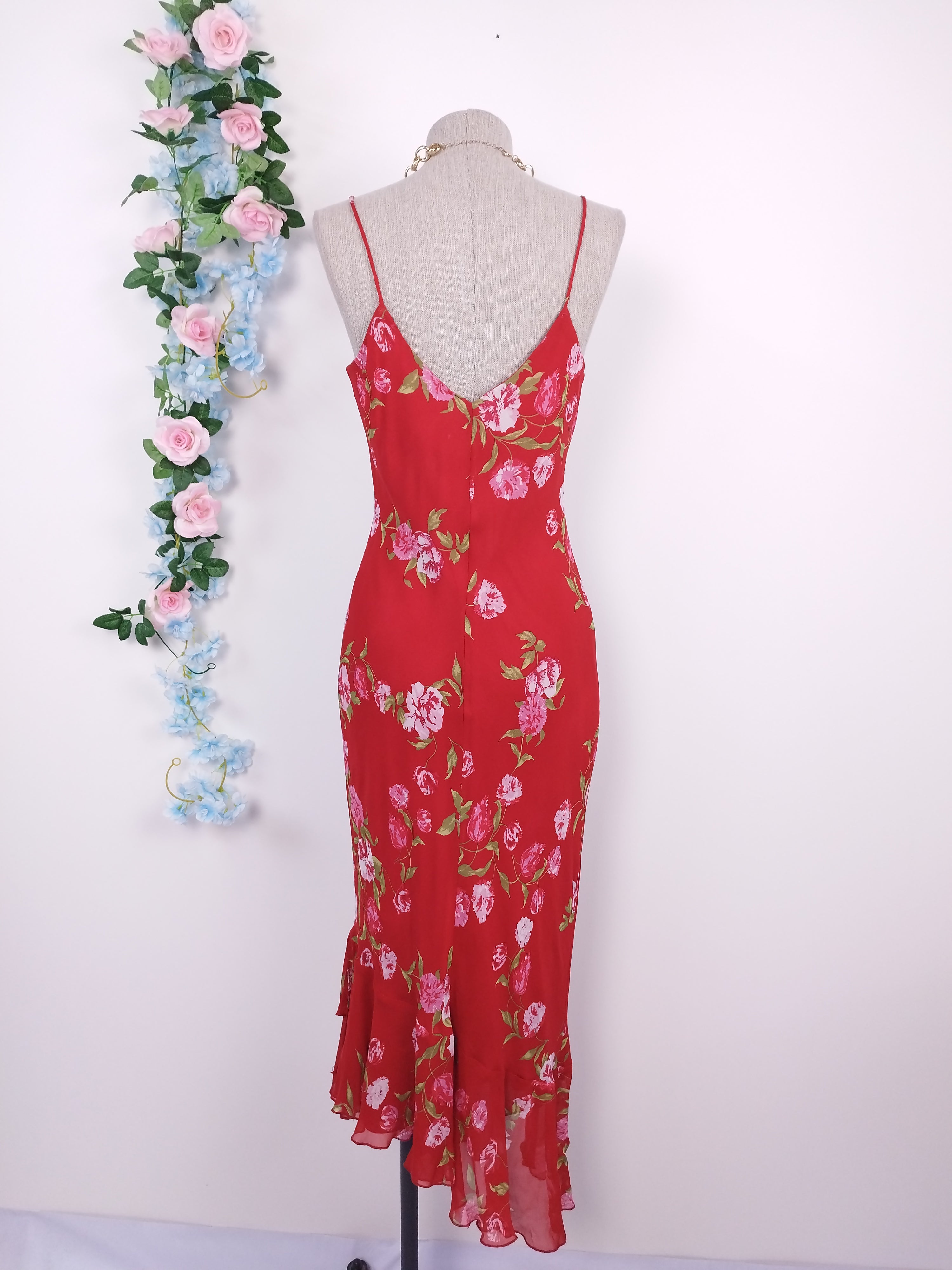 Vintage 90s Midi Dress — Slip Style, Red Chiffon &amp; Pink Floral Print