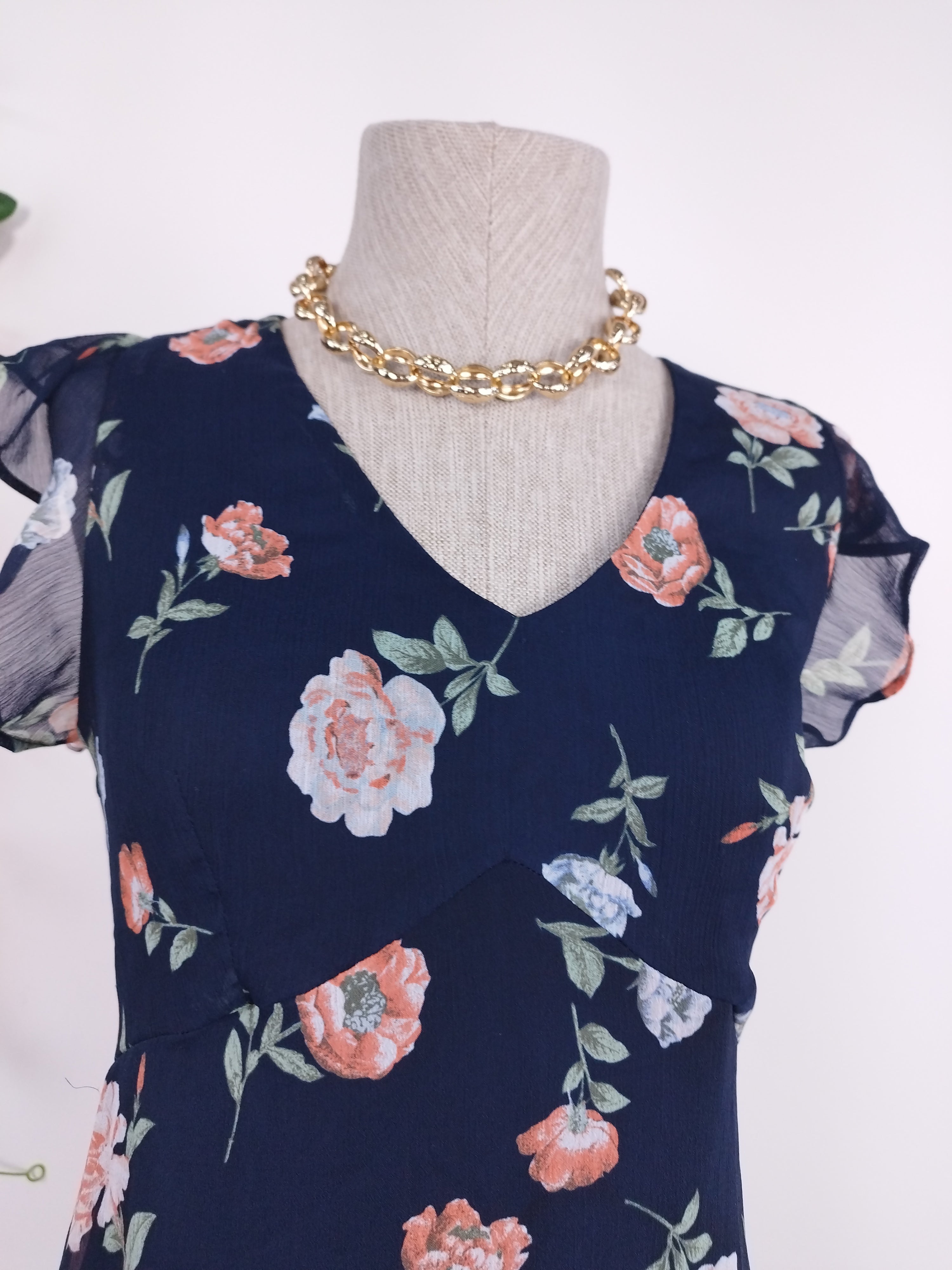 Vintage 90s Midi Dress — Ruffle Sleeves, V-Neck & Asymmetric Hem