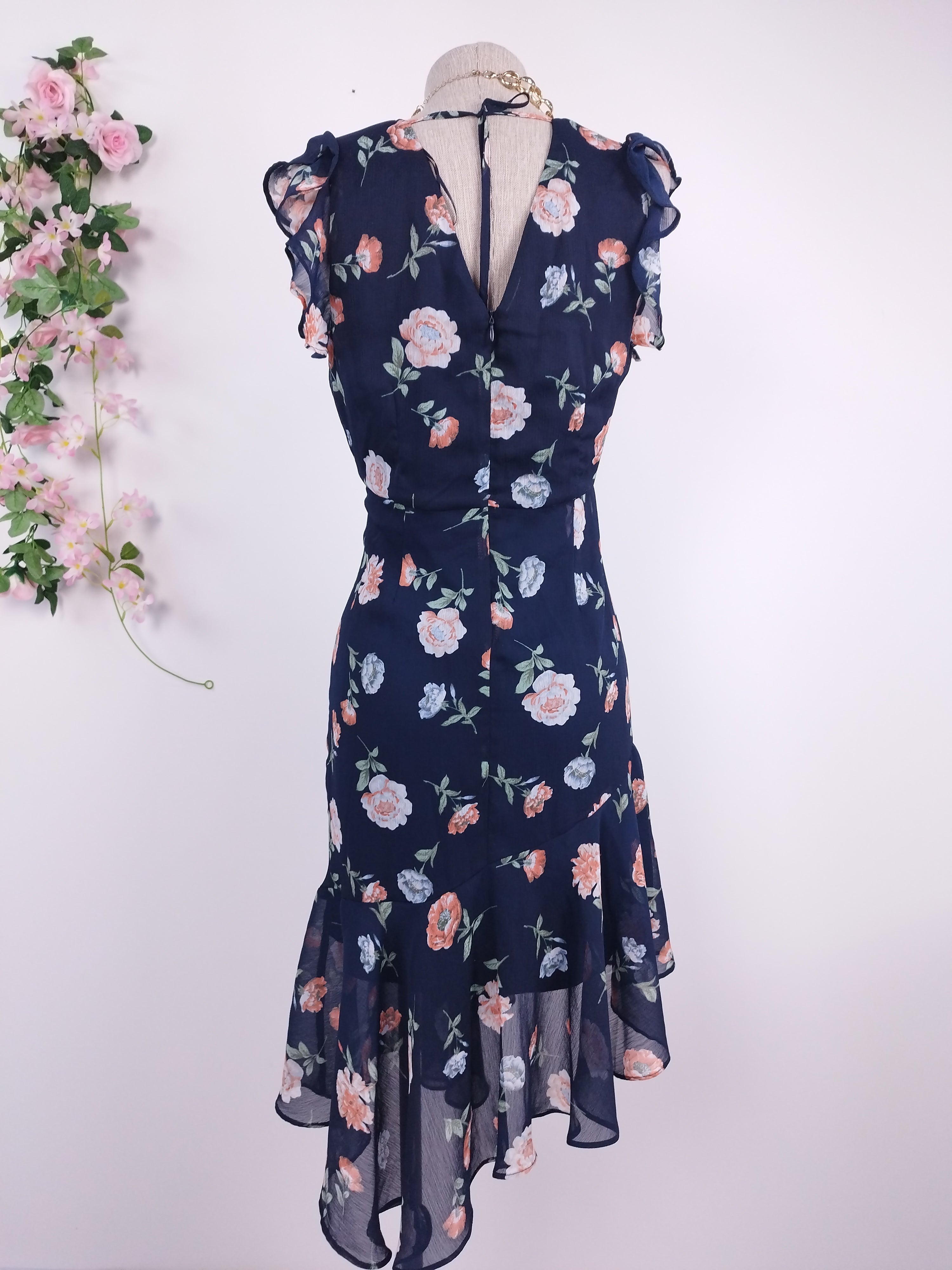 Vintage 90s Midi Dress — Ruffle Sleeves, V-Neck & Asymmetric Hem