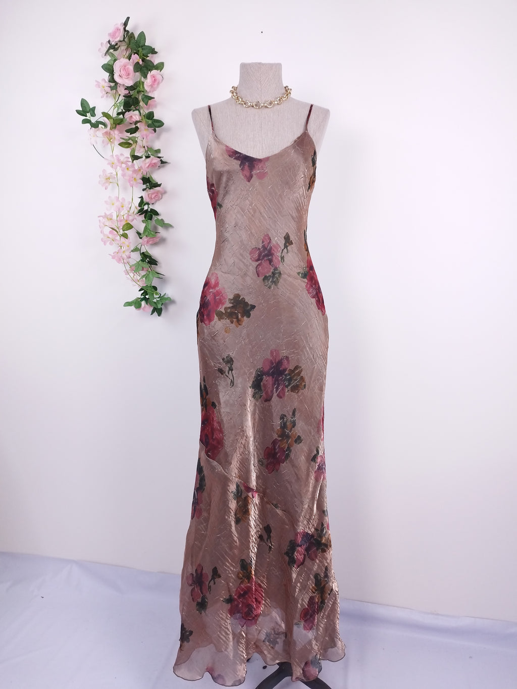 Vintage 90s Maxi Evening Dress — Slip Style, Iridescent Satin & Red Floral Print