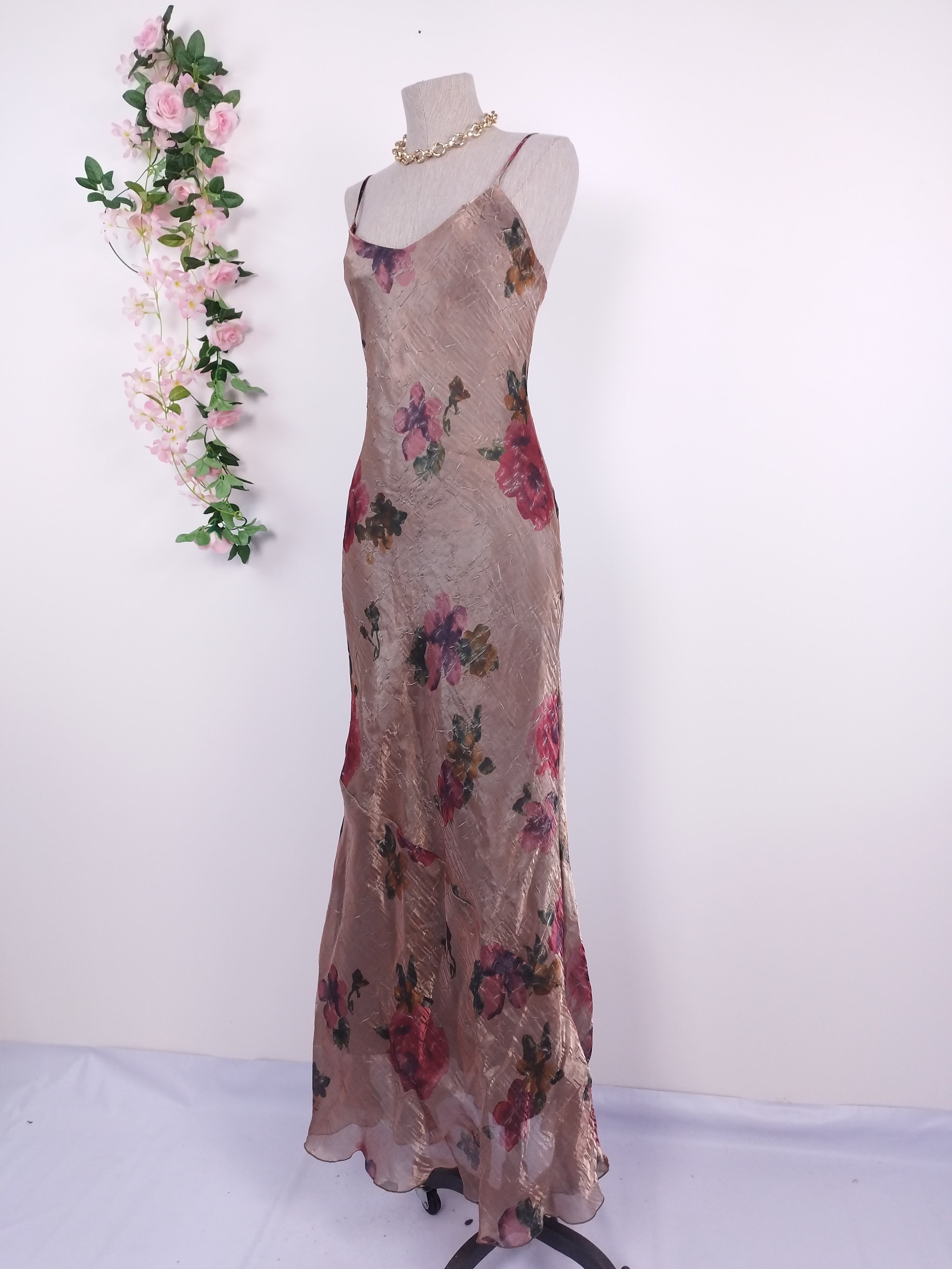 Vintage 90s Maxi Evening Dress — Slip Style, Iridescent Satin & Red Floral Print