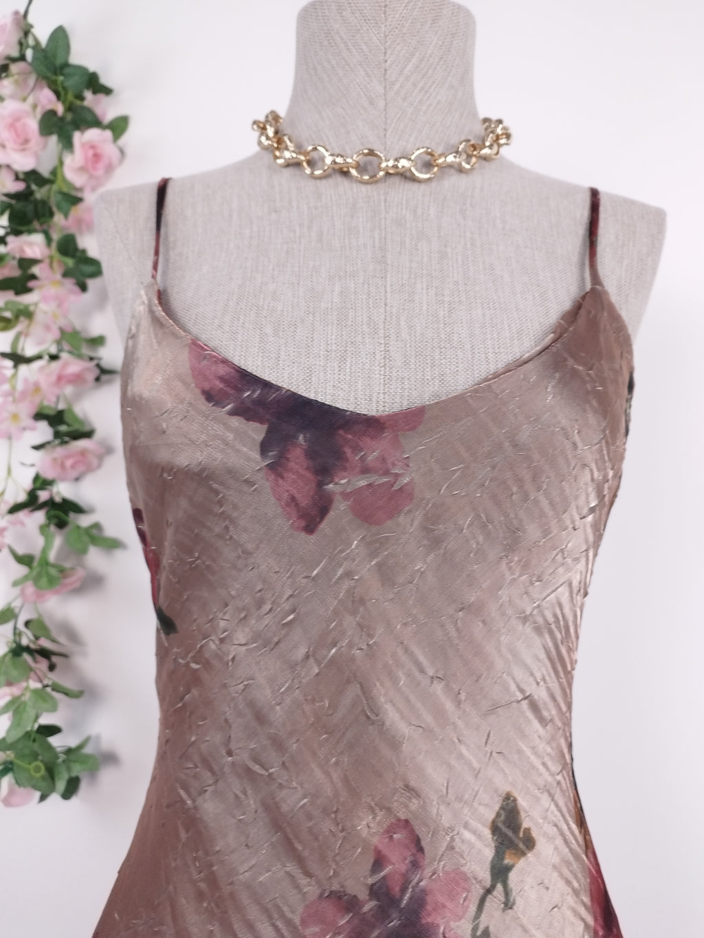 Vintage 90s Maxi Evening Dress — Slip Style, Iridescent Satin & Red Floral Print