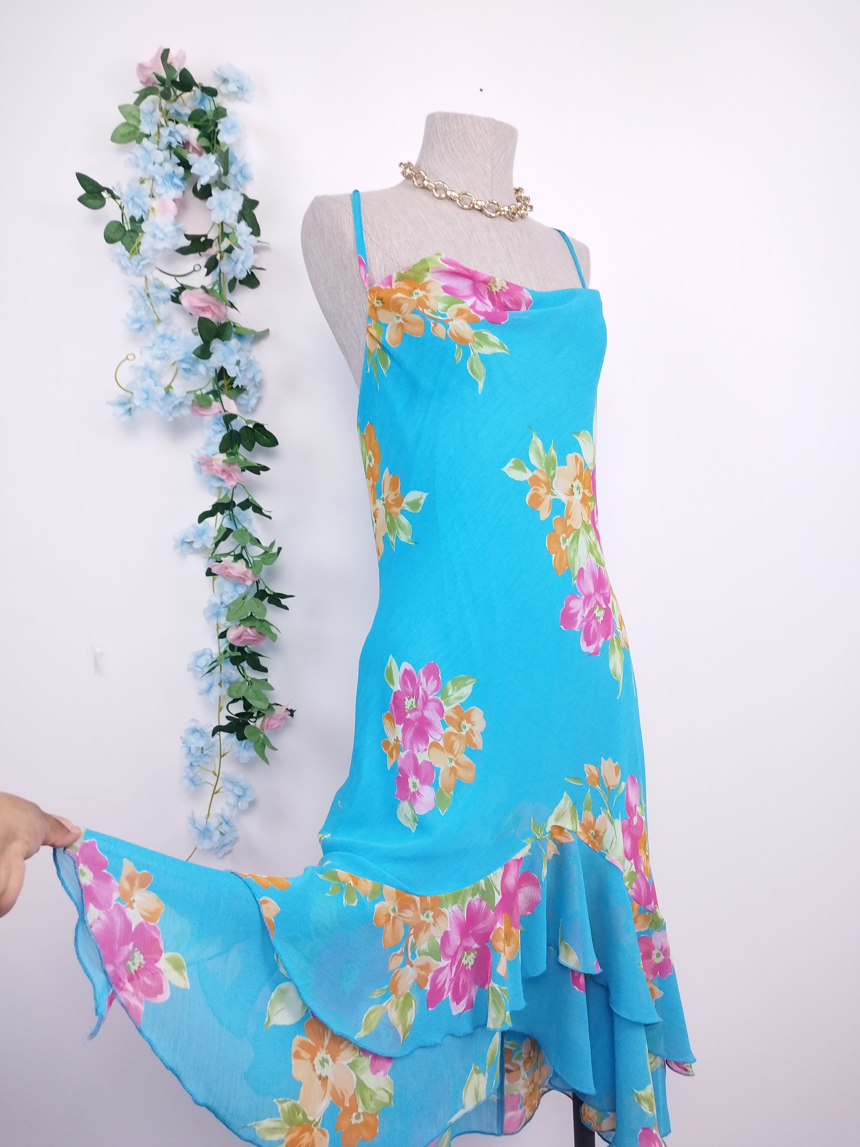 Vintage 90s Summer Dress — Slip Style, Floral Chiffon & Asymmetric Ruffles
