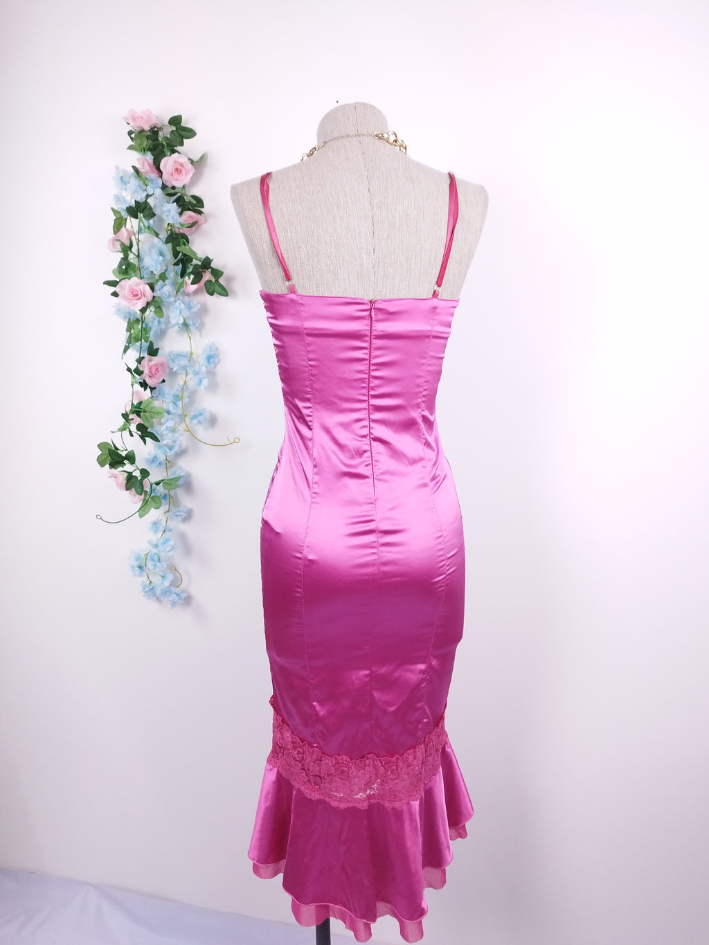 Vintage 2000s Slip Dress — Tulle Bust, Fuchsia Satin Skirt & Lace Trim