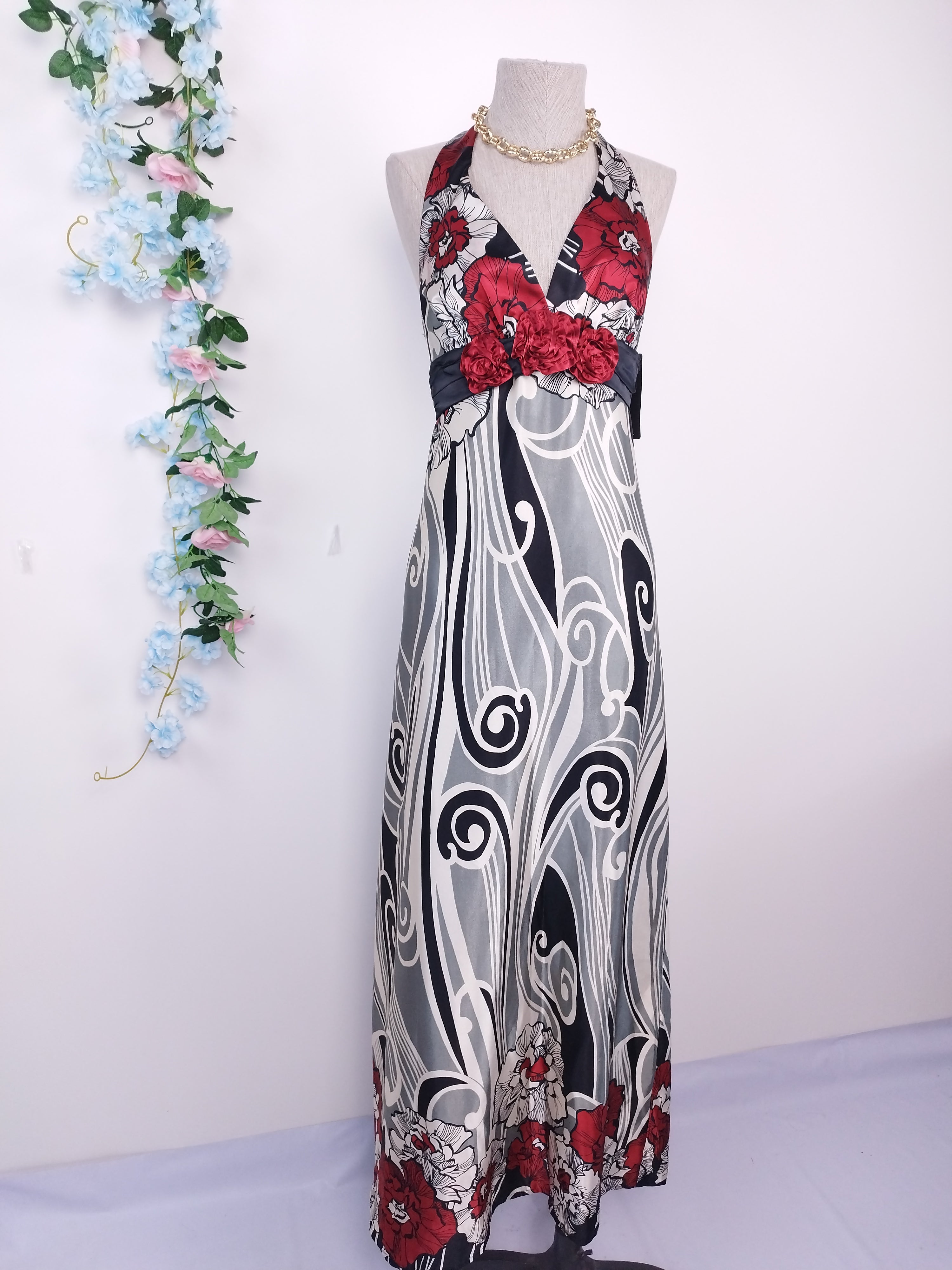 Vintage 2000s Y2K Maxi Dress — V-Neck, Rose Detail & Satin Print