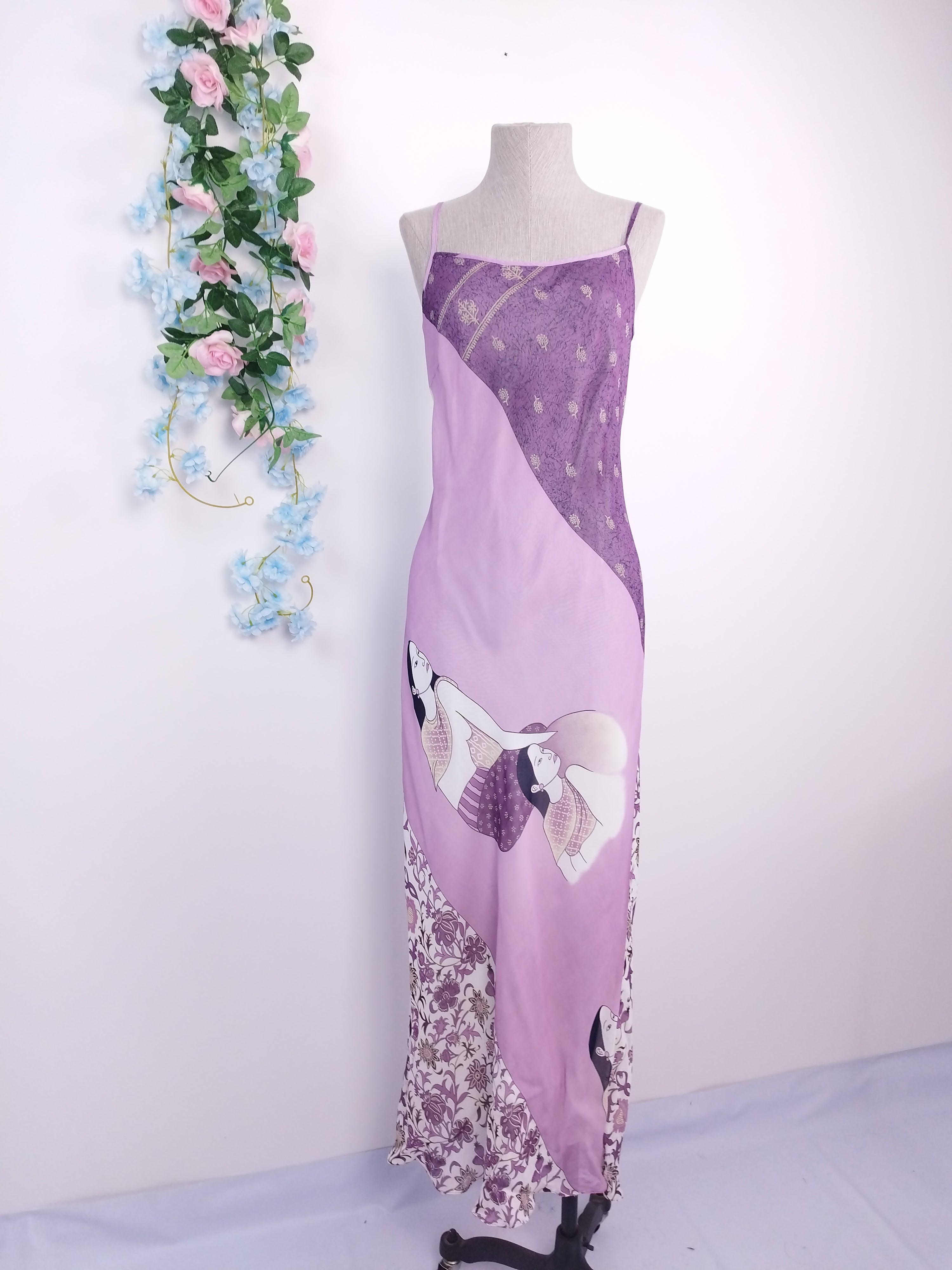 Vintage 90s Maxi Dress — Slip Style, Amazon Women Print & Lilac Purple