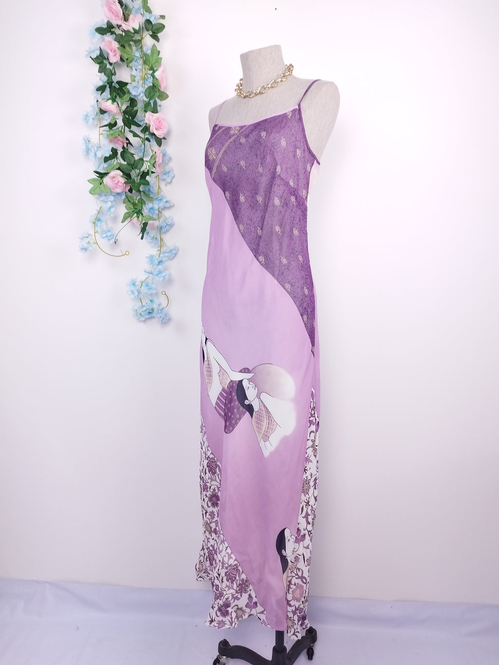 Vintage 90s Maxi Dress — Slip Style, Amazon Women Print & Lilac Purple