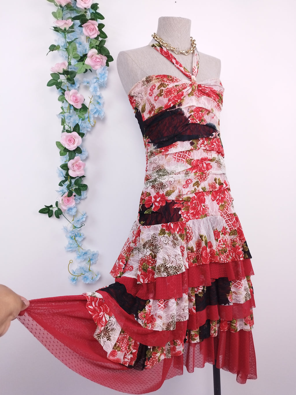 Vintage 2000s Y2K Lace Dress — Halter Neck, Rose Print & Asymmetric Ruffles