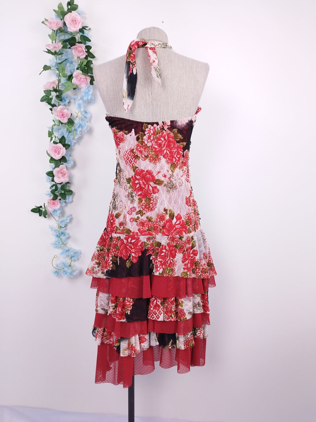 Vintage 2000s Y2K Lace Dress — Halter Neck, Rose Print & Asymmetric Ruffles